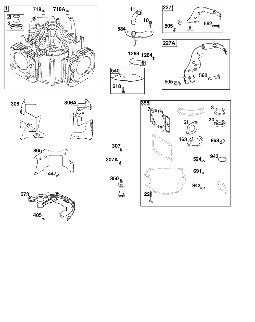 Cylinder Group Diagram and Parts List for 40U877-0025-G1  Briggs and Stratton Engine